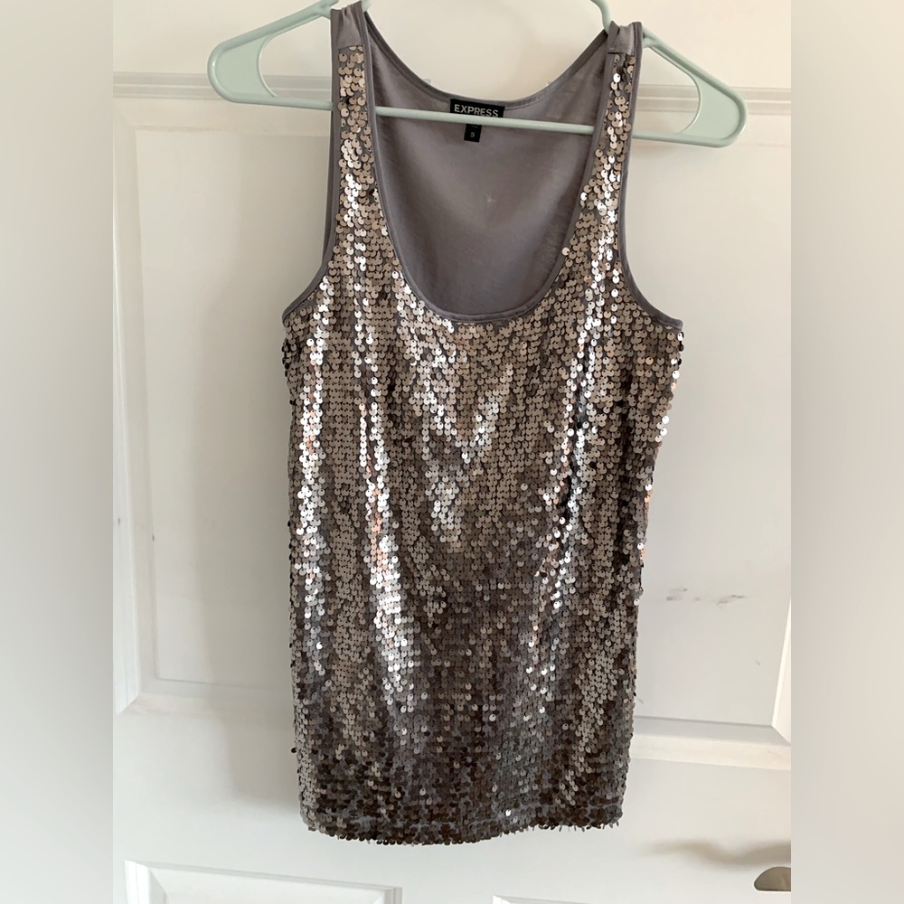 Express Gray Sequin Embellished Scoopneck Stretch Fitted Cami Tank size small